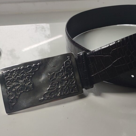 Sandy Duftler Brown Leather Skin Tapered Vintage Silver Buckle Belt 45\